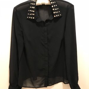 Black Chiffon Button Down with Rhinestone Collar